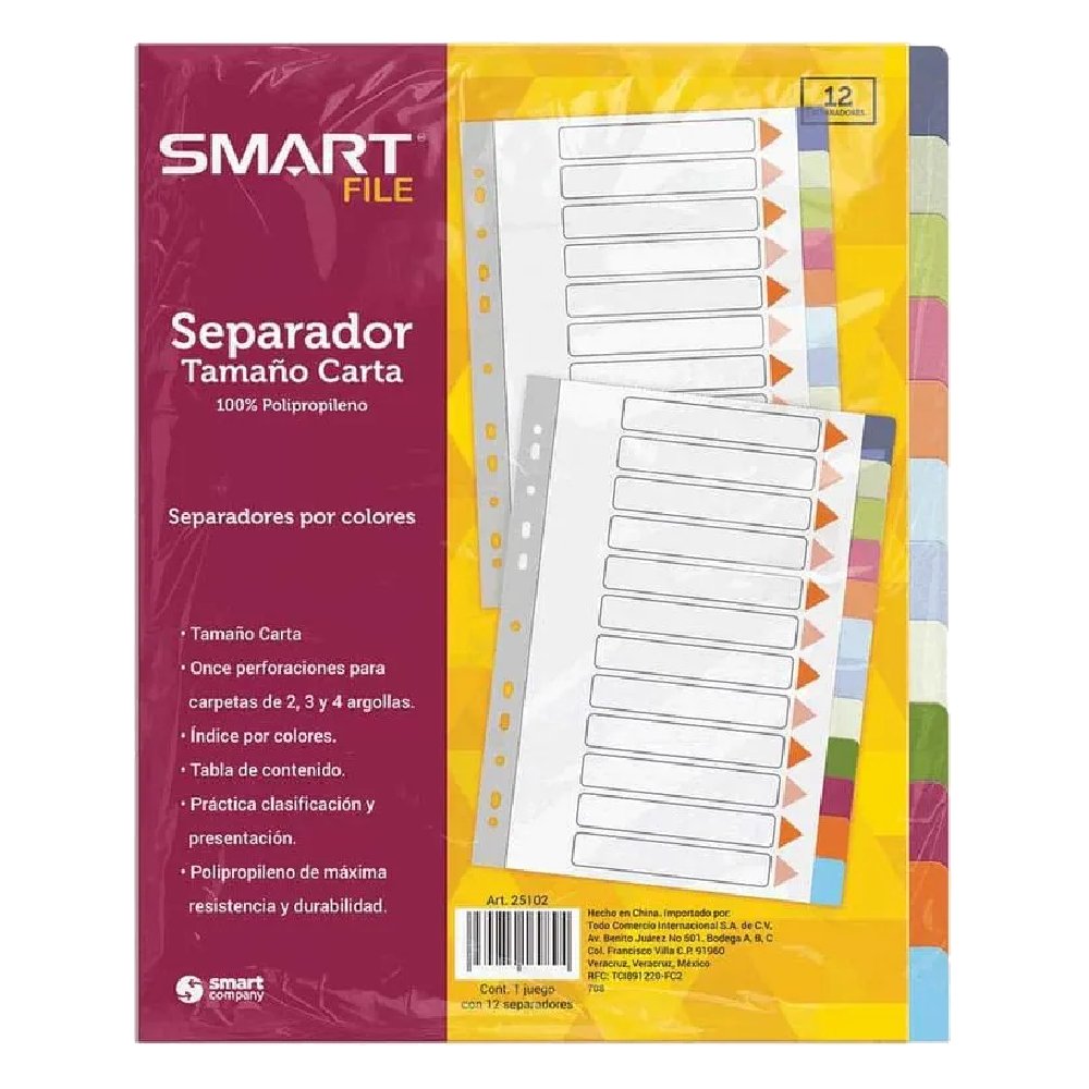 Separador Plástico Carta Color Pastel 12 Divisiones Smart 6 SEPARADOR PLAST CTA COL PTEL 12DIV SMART