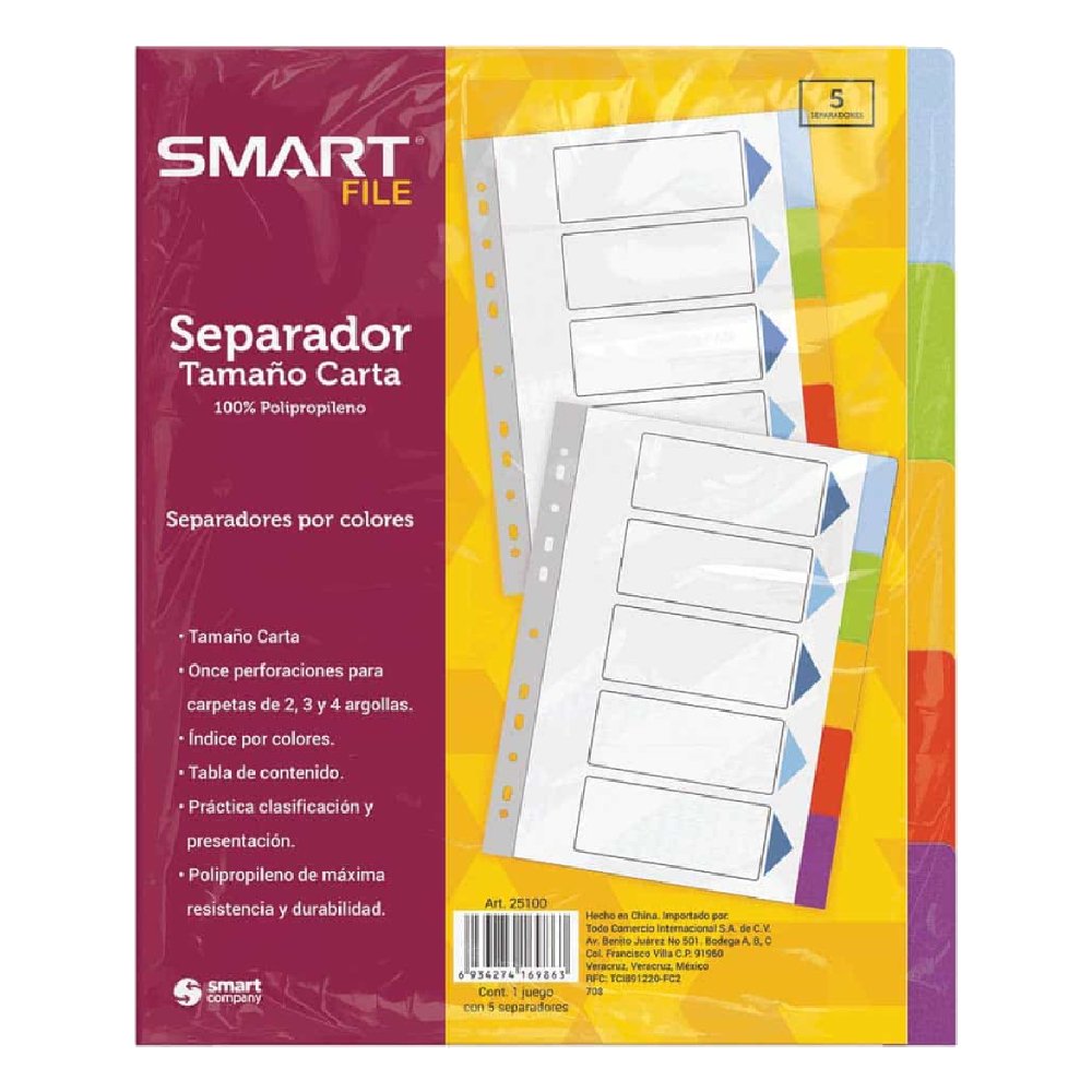 Separador Plástico Carta Color Pastel 5 Divisiones Smart 6 SEPARADOR PLAST CTA COL PTEL 5DIV SMART