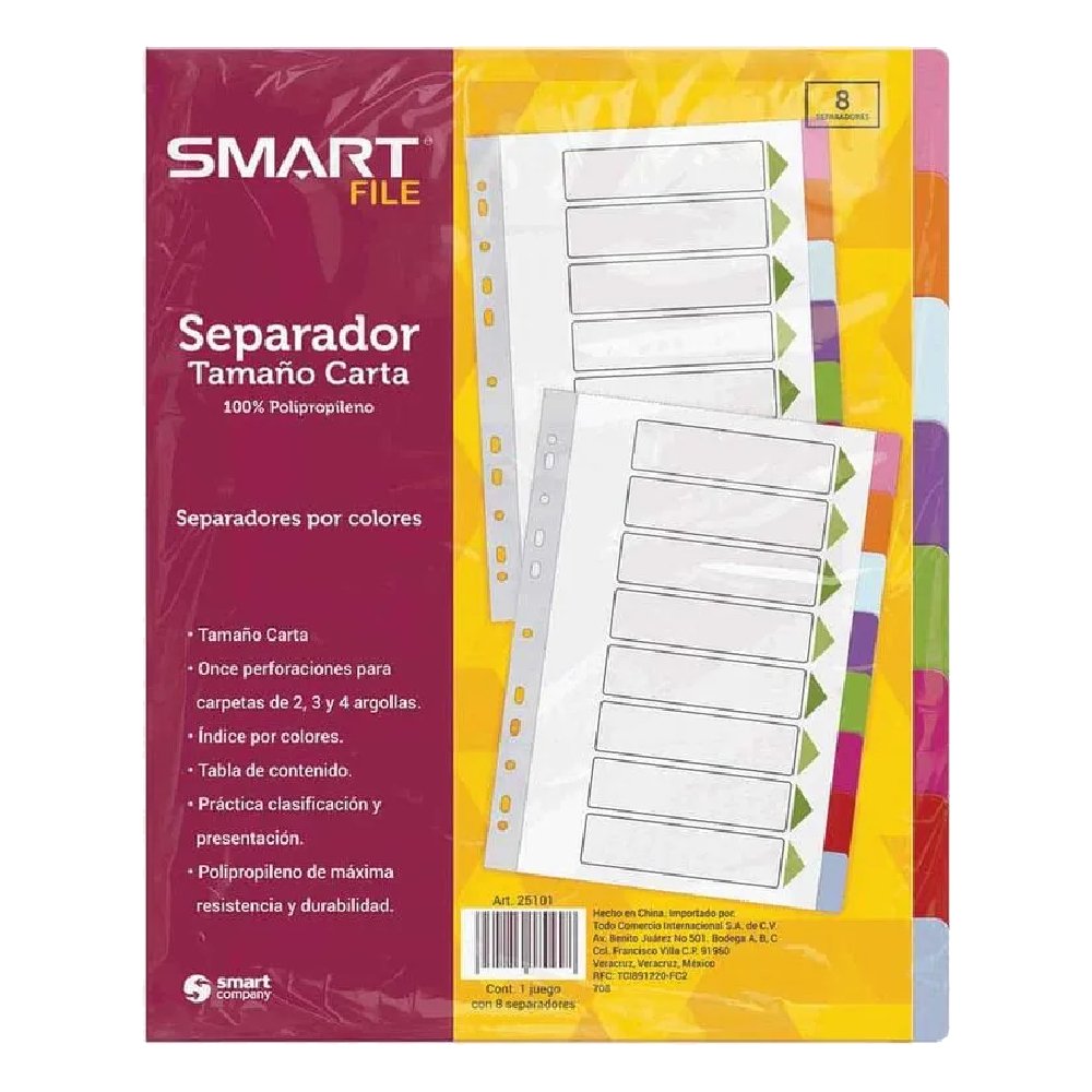 Separador Plástico Carta Color Pastel 8 Divisiones Smart 6 SEPARADOR PLAST CTA COL PTEL 8DIV SMART